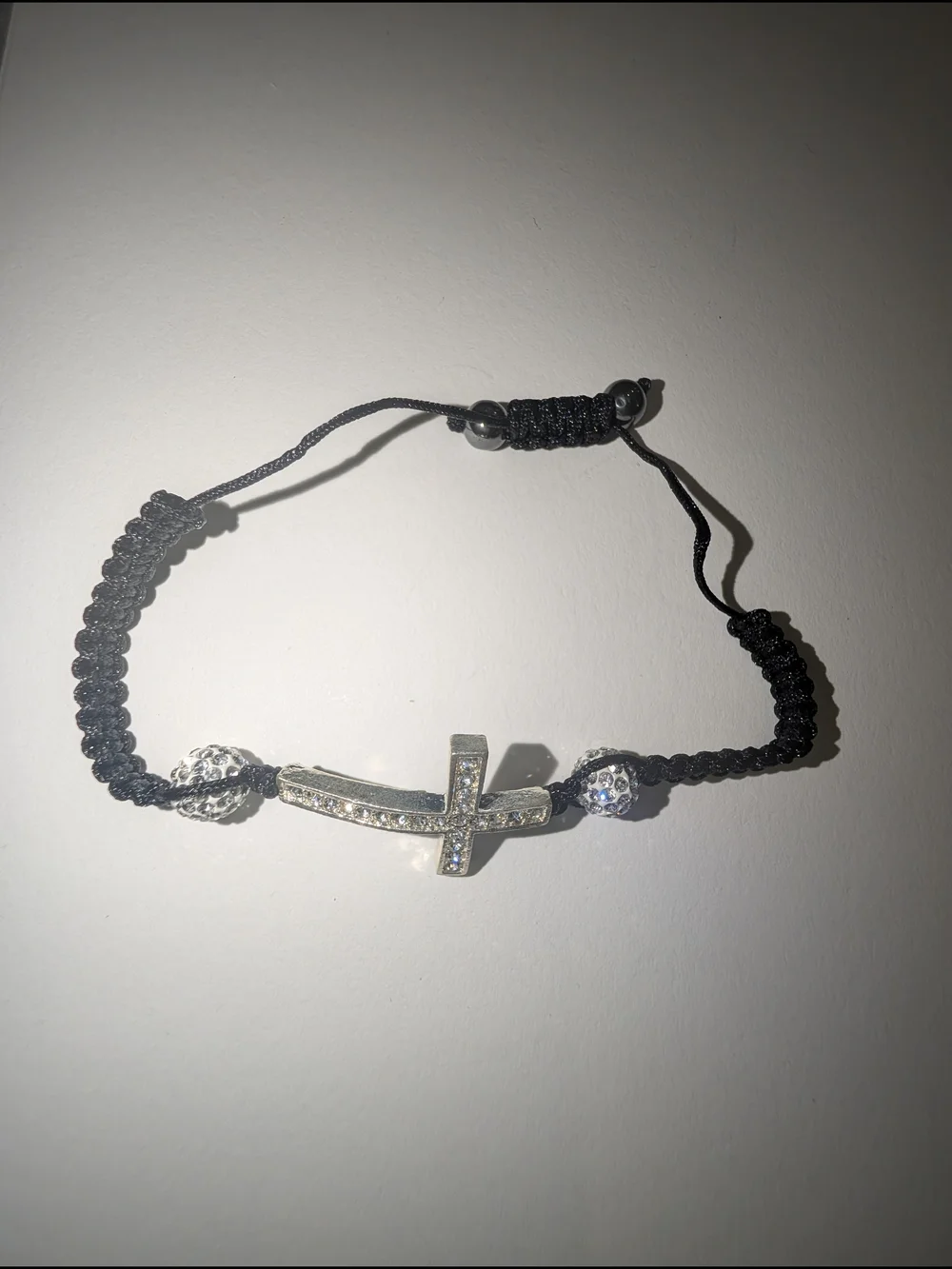 Black Macrame Cross Bracelet with Crystal Accents